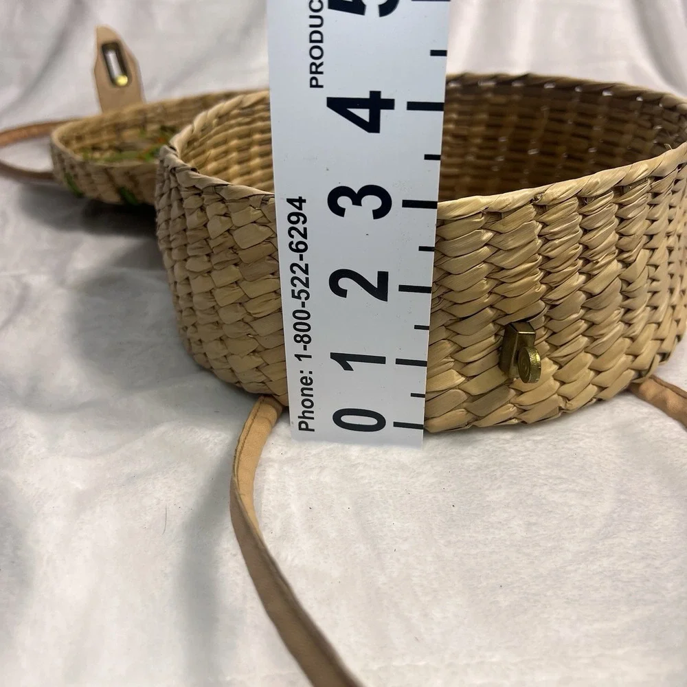 Vintage 1960s Round Straw Purse Floral Raffia Handbag Resort Cruise Bag